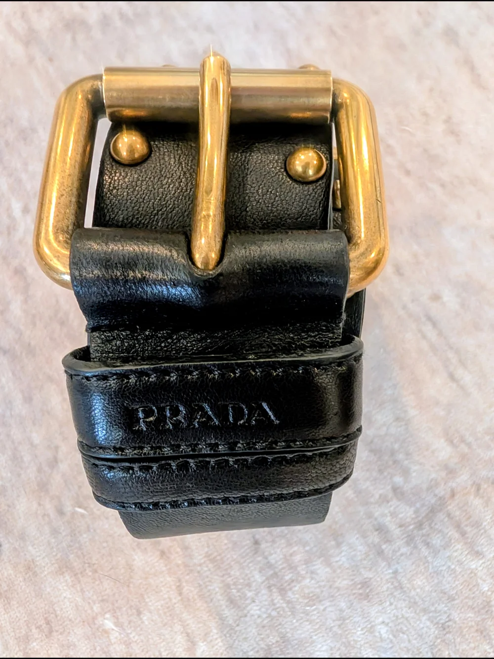 PRADA Women's Black Leather Studded Belt with Gold Buckle